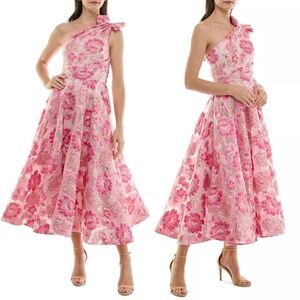 NEW TAYLOR Pink FLORAL JACQUARD One Shoulder Bow TEA LENGTH A-Line PARTY DRESS 4